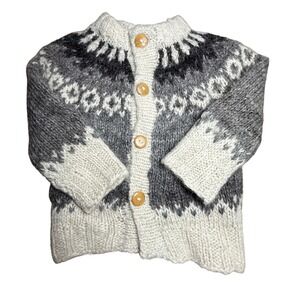 Kids Alpaca Nordic Fair Isle Sweater Hand Knit Peru Gray White Wood Buttons 6 mo
